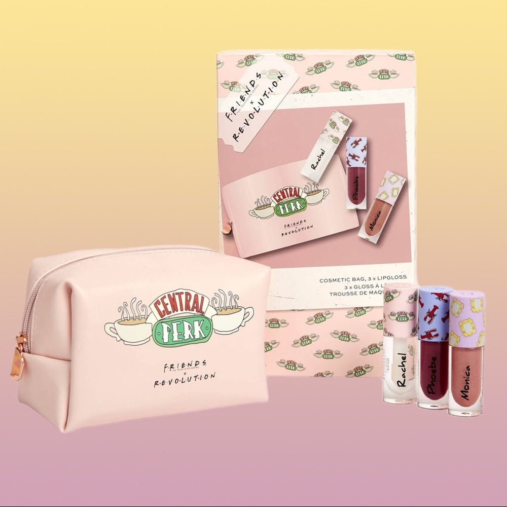 Revolution X Friends Cosmetic Bag & 3 x Lipgloss Bundle Rachel, Monica & Phoebe